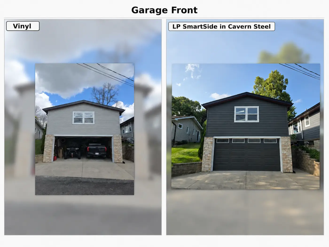 Garage front: vinyl siding vs. LP SmartSide Cavern Steel with stone accents