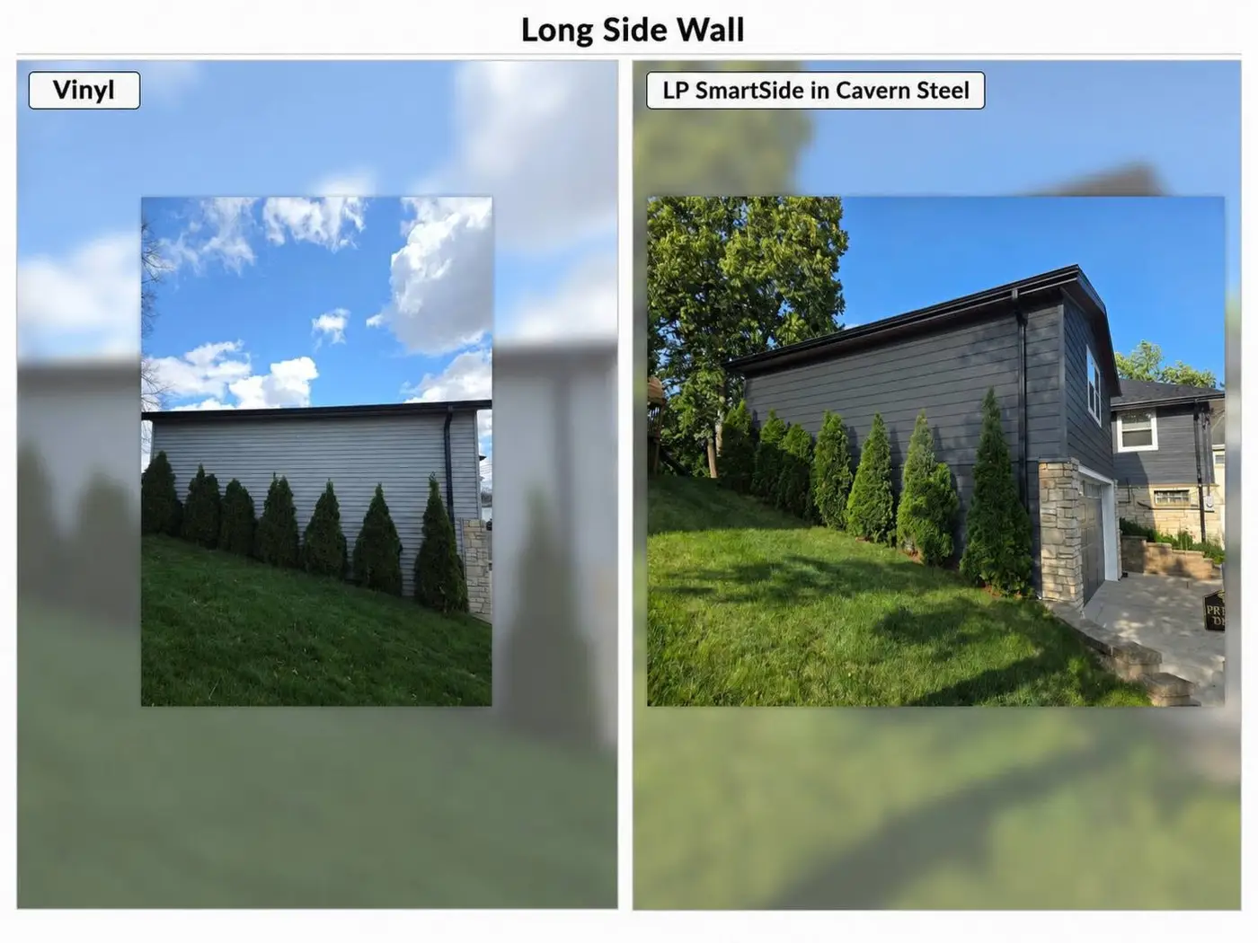 Old vinyl siding vs. new LP SmartSide Cavern Steel on a Wisconsin side wall