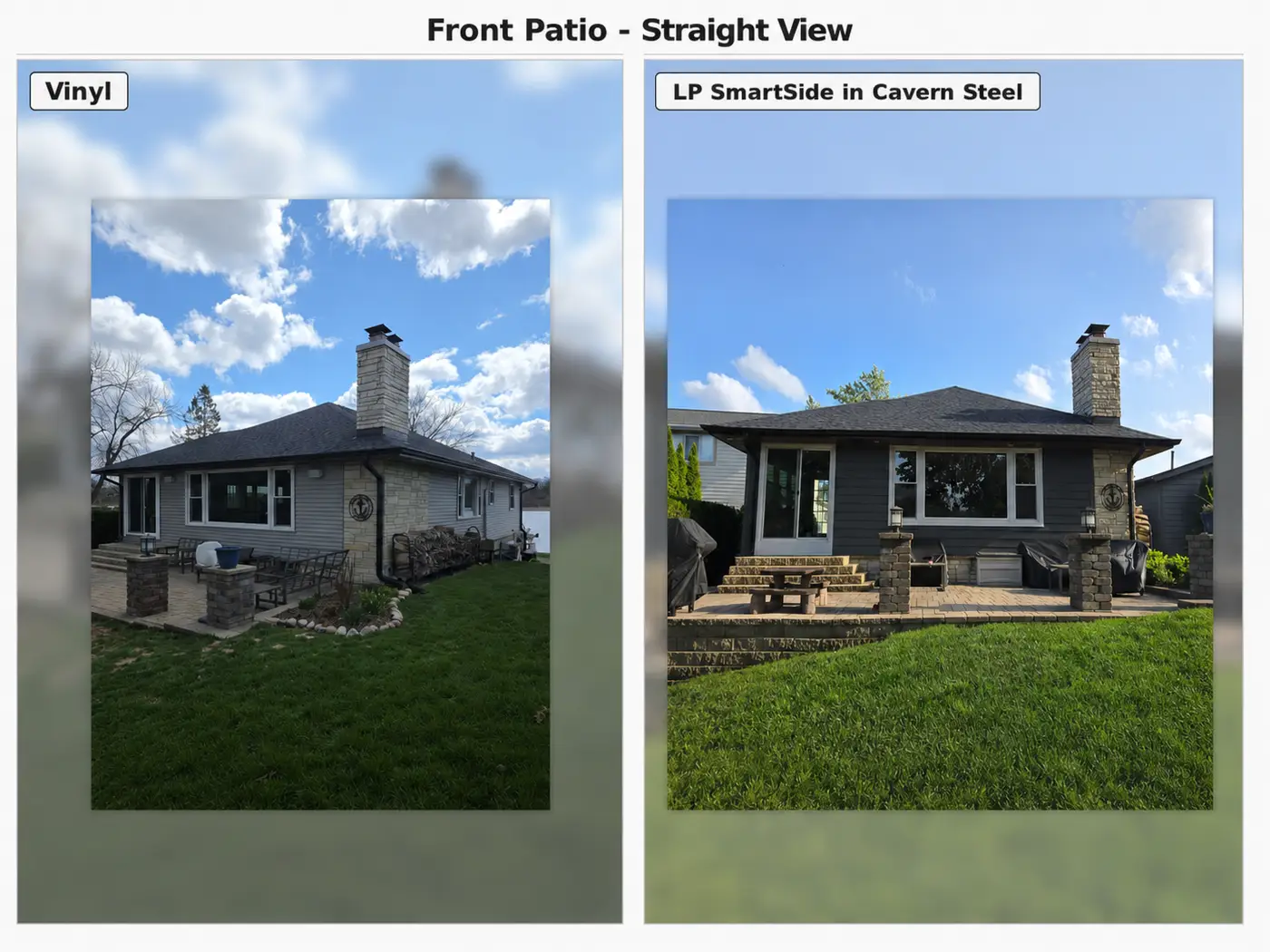Lake home front patio: vinyl siding vs. LP SmartSide Cavern Steel
