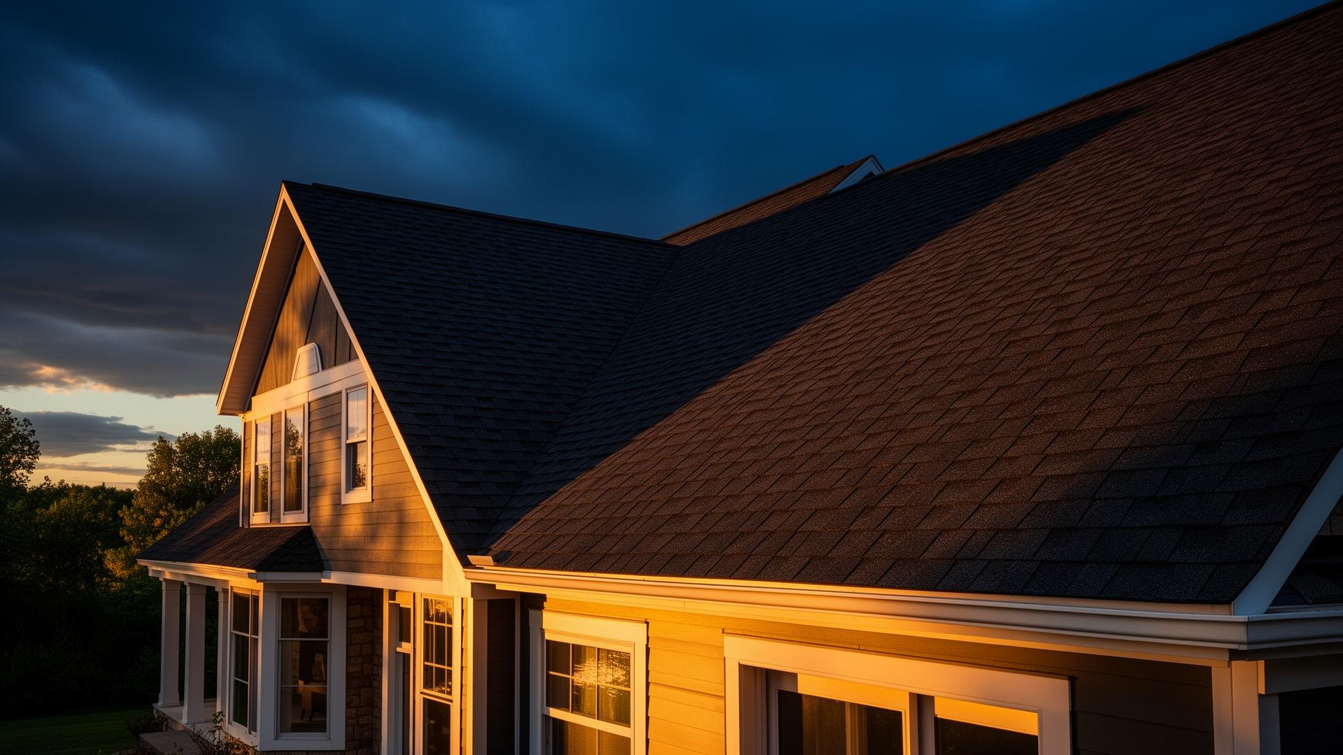 Newly installed architectural shingle roof on a Wisconsin home at dusk